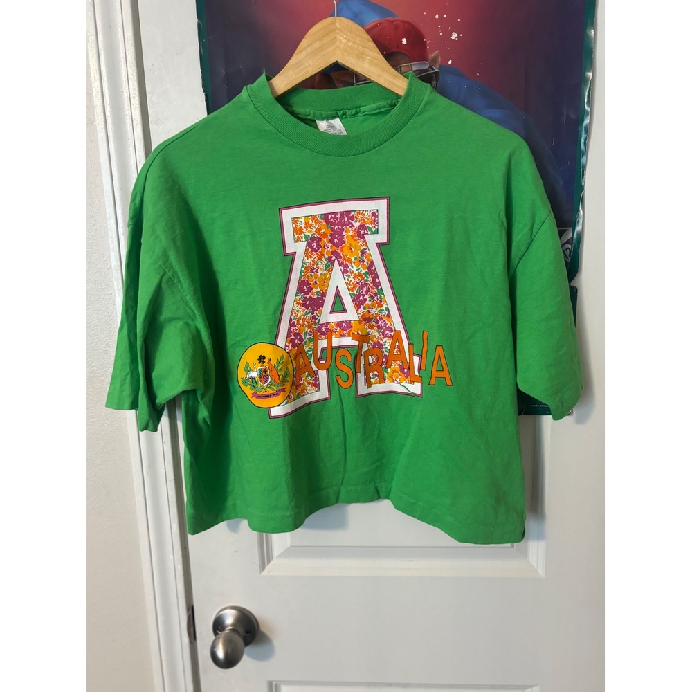 Vintage Australia Floral Graphic T-Shirt Green Boxy Cropped Souvenir Tee 80s
